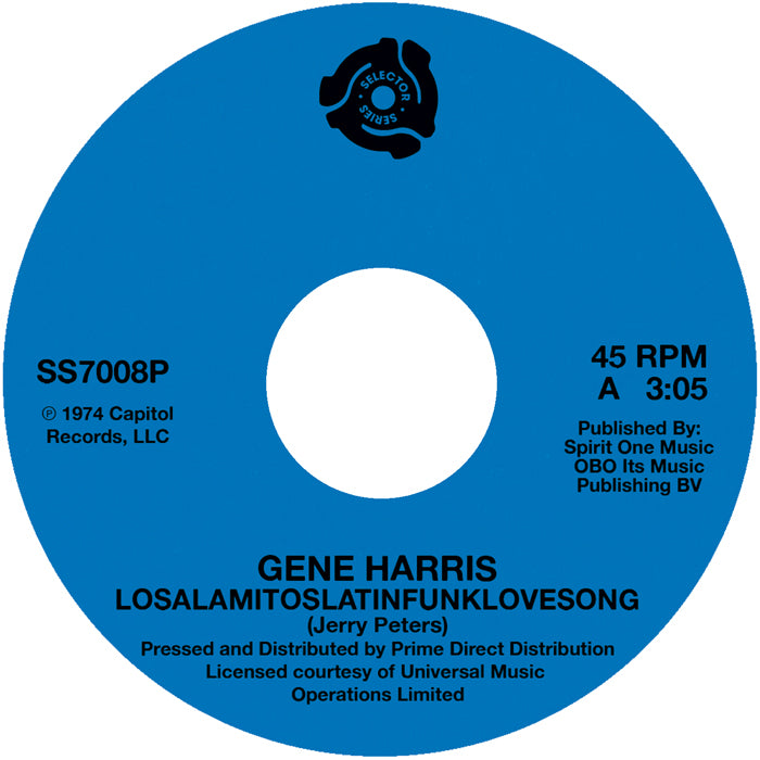 Etiqueta azul del vinilo Lado A con “Losalamitoslatinfunklovesong” de Gene Harris. Texto impreso: 45 RPM, A, 3:05, publicado por Spirit One Music.