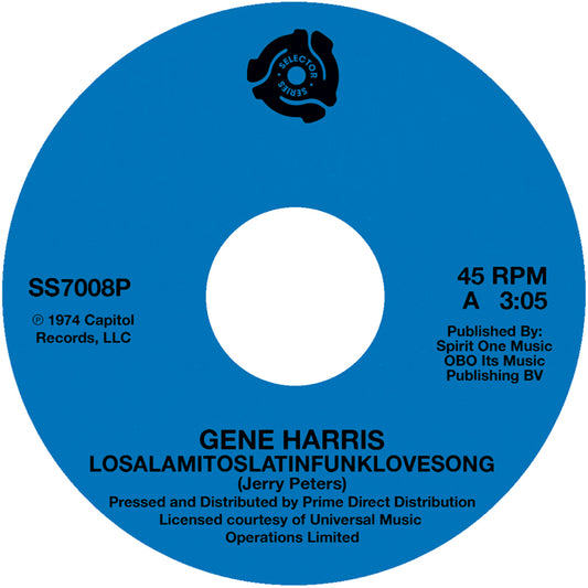 Etiqueta azul del vinilo Lado A con “Losalamitoslatinfunklovesong” de Gene Harris. Texto impreso: 45 RPM, A, 3:05, publicado por Spirit One Music.