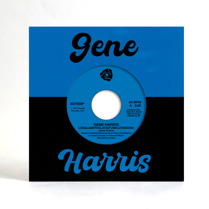 Portada delantera del vinilo Gene Harris – Losalamitoslatinfunklovesong / Summer (The First Time), publicado por Selector Series. Texto impreso: Gene Harris, etiqueta azul, formato 7" reedición.