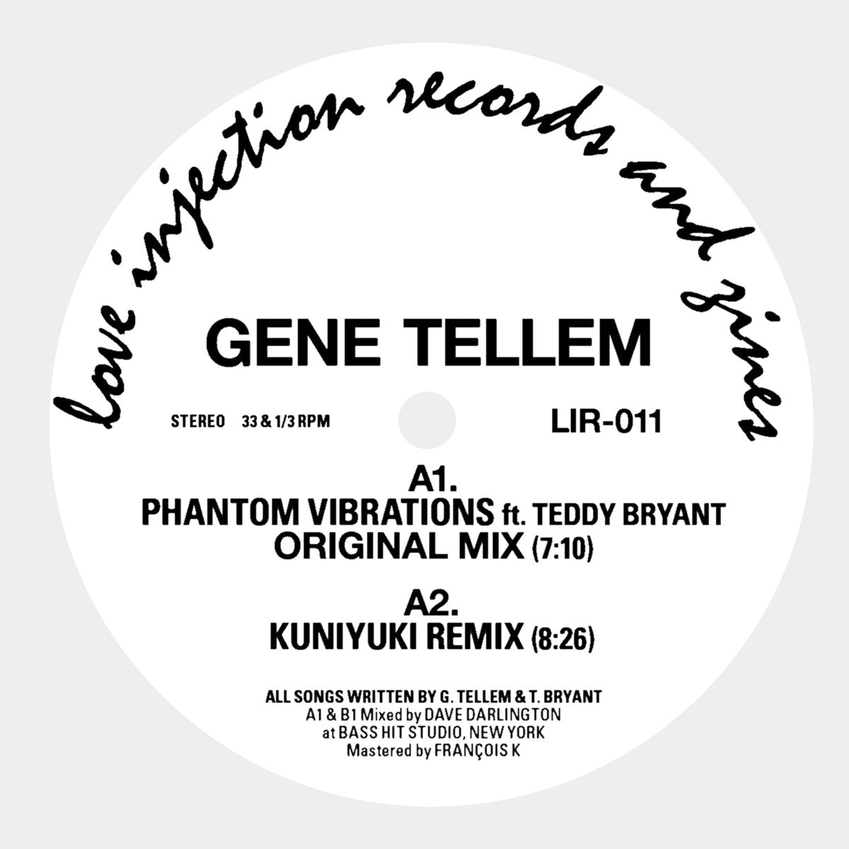 Etiqueta central lado A del vinilo Gene Tellem – Phantom Vibrations 12”, incluye A1 Phantom Vibrations original mix 7:10 y A2 Kuniyuki remix 8:26 con créditos.