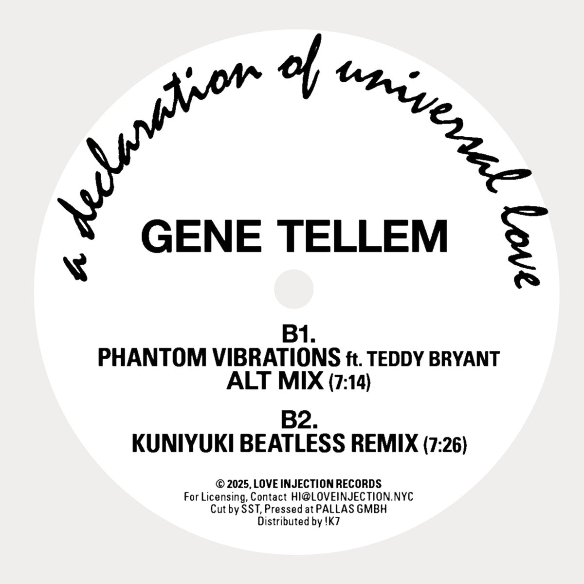 Etiqueta central lado B del vinilo Gene Tellem – Phantom Vibrations 12”, presenta B1 Phantom Vibrations alt mix 7:14 y B2 Kuniyuki beatless remix 7:26 con datos de sello.