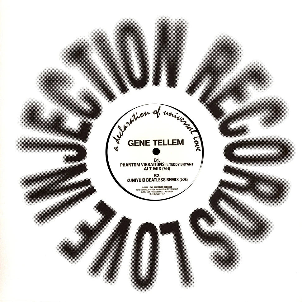 Contraportada del vinilo Gene Tellem – Phantom Vibrations en 12” editado por Love Injection Records con tipografía circular y créditos del disco.