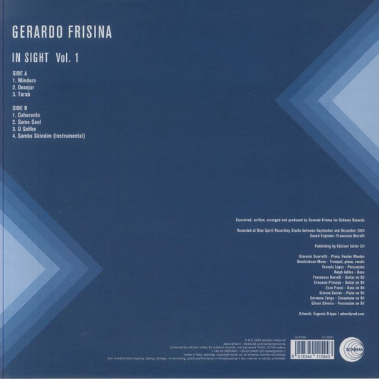 Contraportada del vinilo Gerardo Frisina – In Sight Vol. 1 en azul con créditos, sello Schema, lista de temas y diseño minimalista.