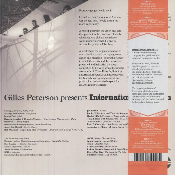 Contraportada del vinilo Gilles Peterson – Gilles Peterson Presents International Anthem con listado de temas y créditos.