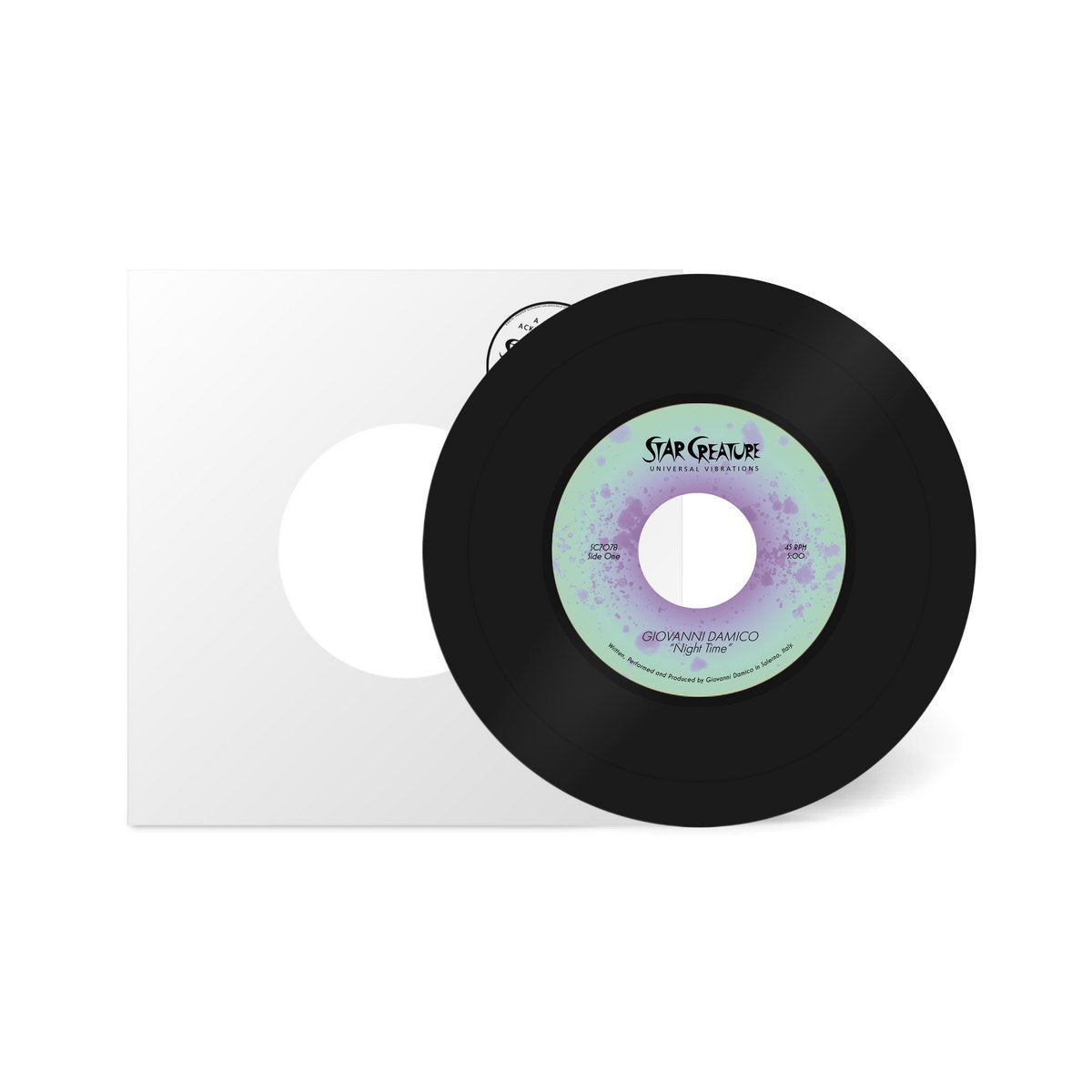 Vinilo 7" Giovanni Damico – Night Time fuera de la funda blanca, con label Star Creature pastel y créditos visibles.