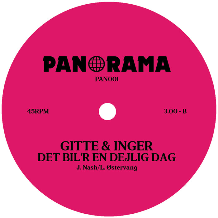 Etiqueta central lado B del vinilo Gitte & Inger – Ud Af Buret (Can't Hide Love), sello Panorama, incluye la canción Det Bil’r En Dejlig Dag con duración 3:00.