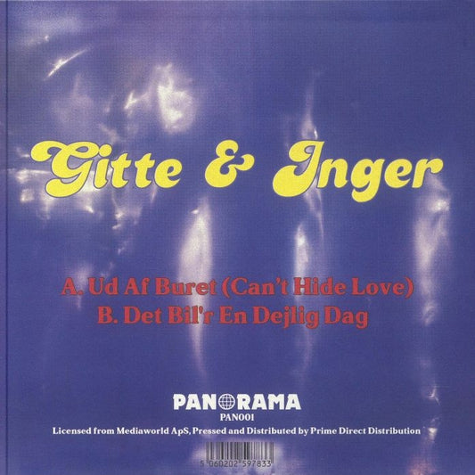 Contraportada del vinilo Gitte & Inger – Ud Af Buret (Can't Hide Love) de Panorama, listado de pistas en tipografía amarilla y roja sobre fondo azul texturizado.
