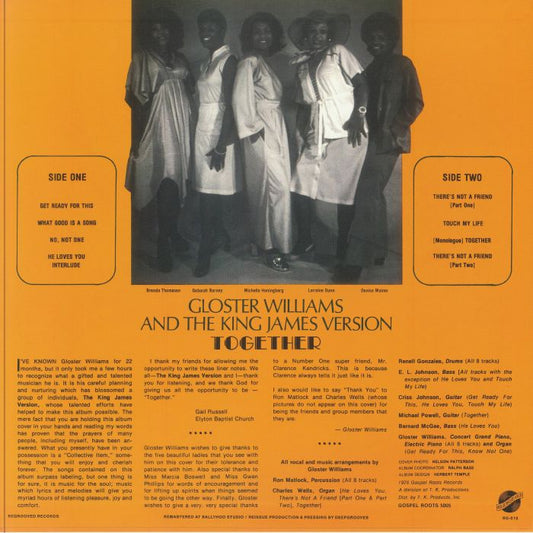 Portada trasera del vinilo Together de Gloster Williams and The King James Version, editado por Regrooved Records. Lista de canciones, créditos y foto del grupo en escena.