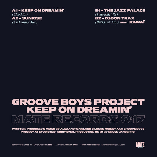 Contraportada del vinilo 12" Groove Boys Project – Keep On Dreamin' con listado de temas, créditos y logo del sello Mate.
