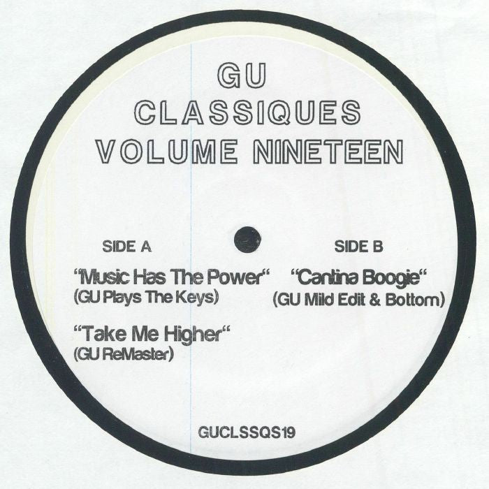 Portada delantera del vinilo con créditos y tracklist del lado A. Texto impreso: “Music Has The Power” (GU Plays The Keys), “Take Me Higher” (GU ReMaster).