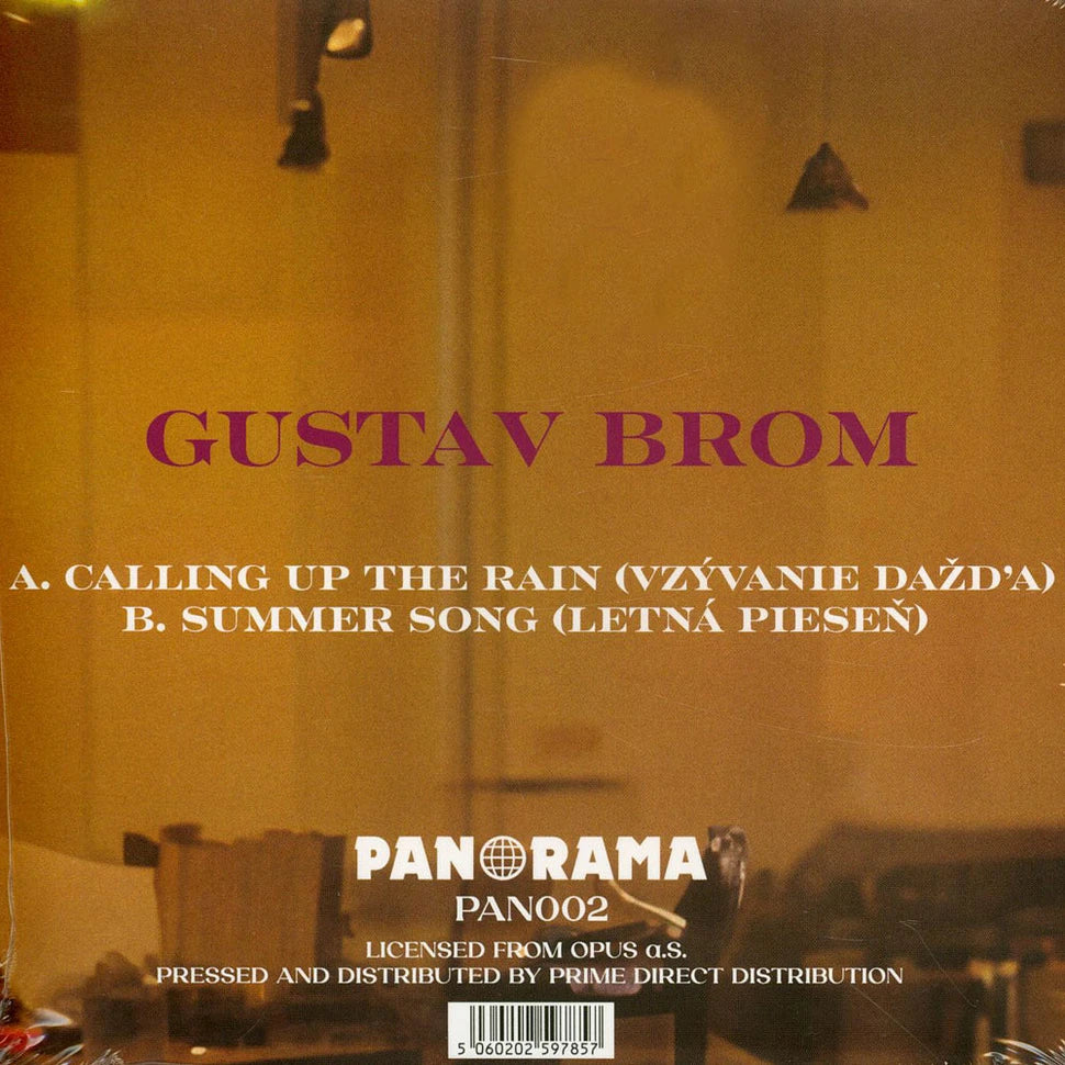 Contraportada del vinilo Gustav Brom – Calling Up The Rain de Panorama, con listado de pistas en inglés y eslovaco y detalles del catálogo PAN002.