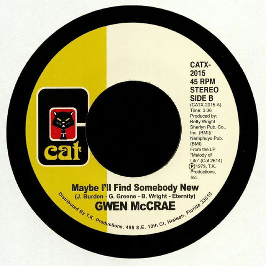 Portada trasera del vinilo "All This Love That I'm Givin'" de Gwen McCrae, editado por Cat Records en 7". Contiene información del lado B y producción.
