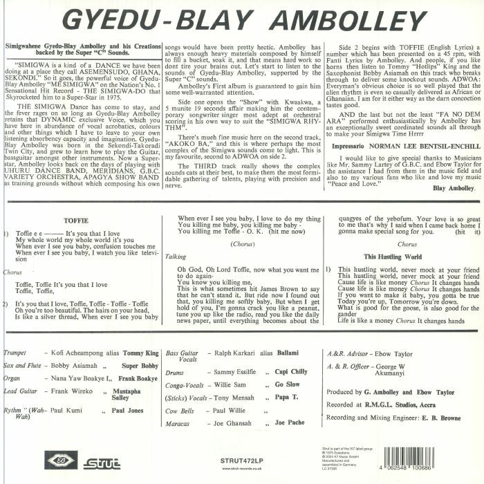 Portada trasera del vinilo de Gyedu-Blay Ambolley – Simigwa editado por Strut. Incluye créditos completos, letras y notas del álbum.