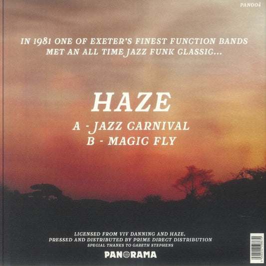 Contraportada del vinilo Haze – Jazz Carnival con lista de pistas y créditos, edición Panorama 7", 45 RPM remasterizada.