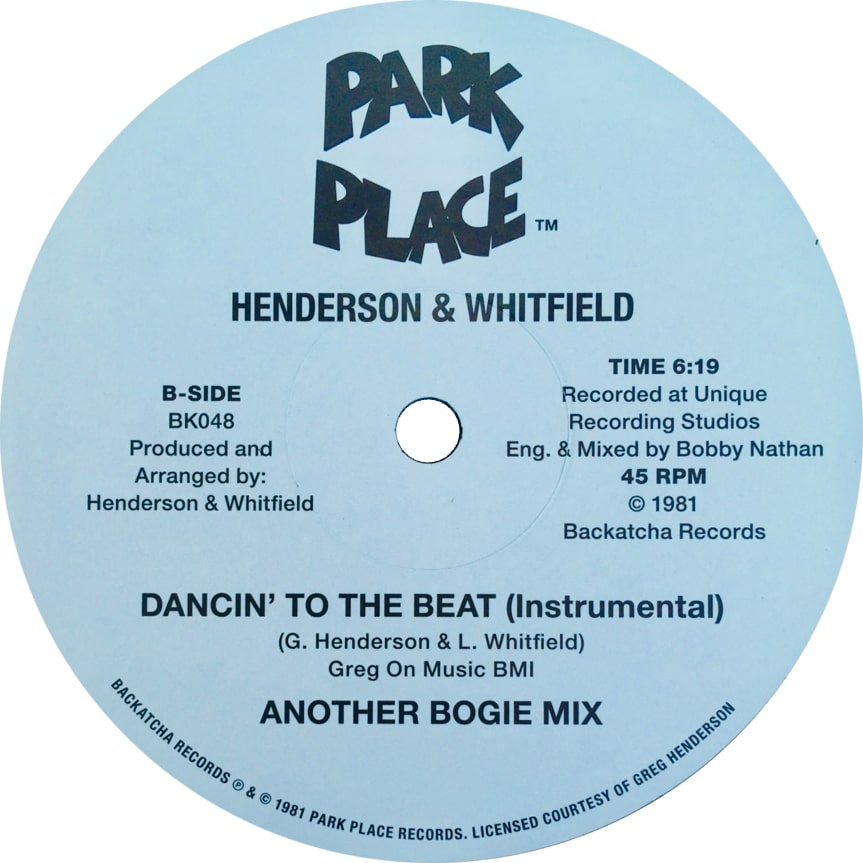 Etiqueta central lado B del vinilo Henderson & Whitfield – Dancin’ To The Beat de Backatcha Records, 12" sencillo reedición; presenta la versión instrumental “Dancin’ To The Beat”, duración 6:19 y detalles técnicos grabados en Unique Recording Studios.