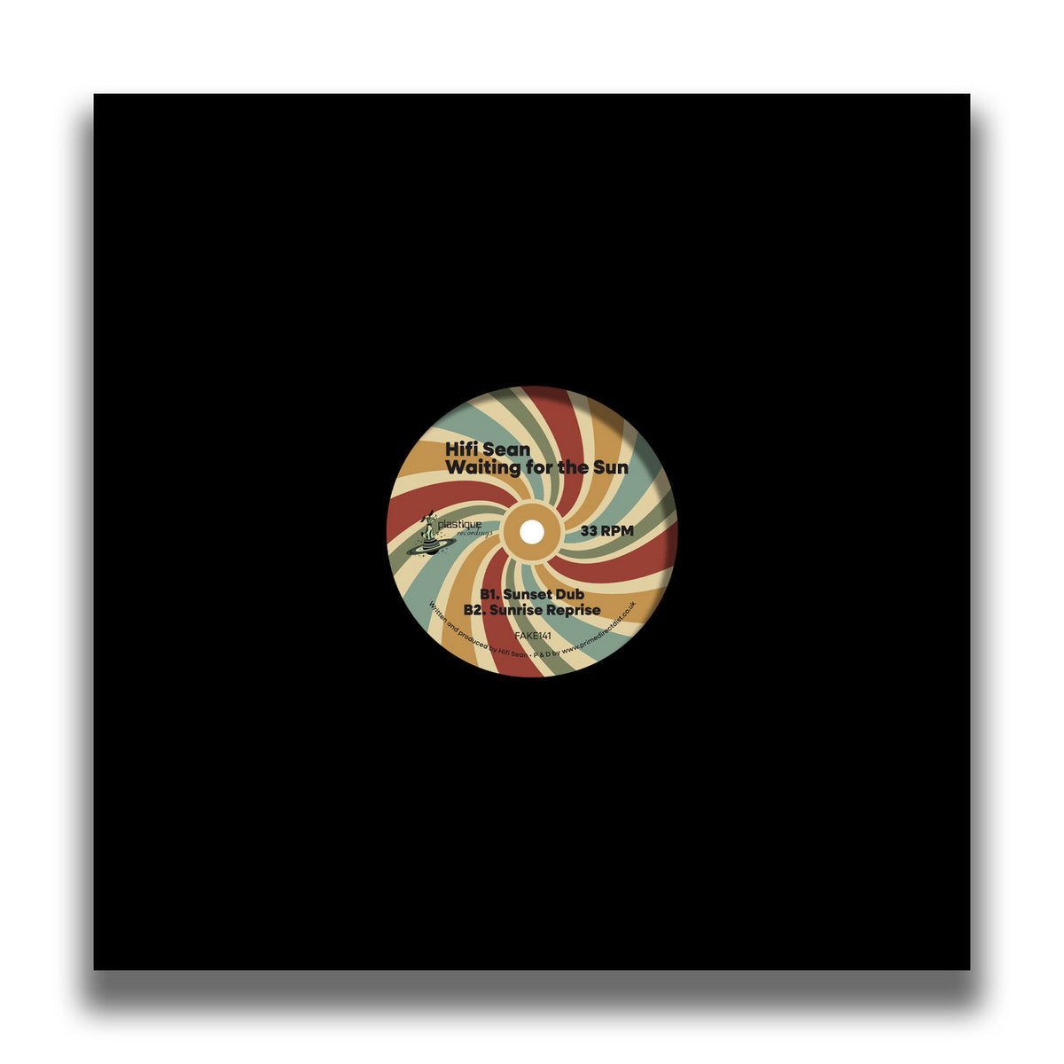 Contraportada del vinilo 12" Hifi Sean – Waiting For The Sun, mostrando el lado B en el centro de una funda negra sobria con el característico diseño colorido de Plastique Recordings.