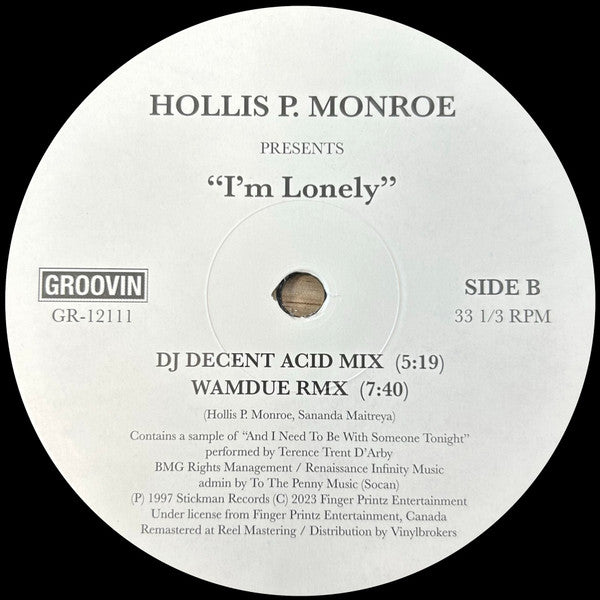Portada trasera del vinilo Hollis P. Monroe – I'm Lonely publicado por Groovin Recordings en 12”. Contiene la lista de temas, créditos y detalles de producción.