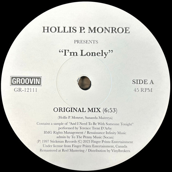 Portada delantera del vinilo Hollis P. Monroe – I'm Lonely publicado por Groovin Recordings en 12”. Diseño minimalista con tipografía clara y elegante.