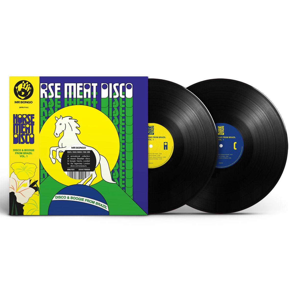 Vista del vinilo doble Horse Meat Disco – Disco & Boogie From Brazil Vol.1 con las etiquetas centrales de los lados A y C del LP lanzado por Mr Bongo.