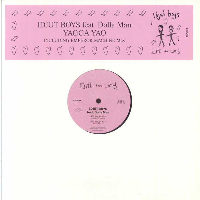 Portada delantera del vinilo Idjut Boys Feat. Dolla Man – Yagga Yao, lanzado bajo el sello BTD001 en formato 12". Diseño en tonos rosas con ilustraciones y tipografía a mano. Incluye el mix de Emperor Machine.