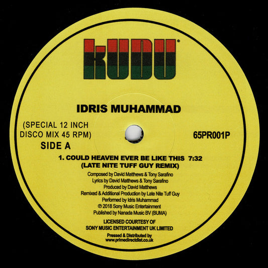 Etiqueta central del vinilo Idris Muhammad – Could Heaven Ever Be Like This (Late Nite Tuff Guy Remix) en reedición 12" de Kudu, lado A con remix de 7:32 y créditos detallados.