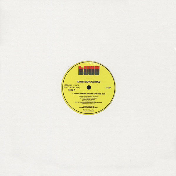 Funda blanca del vinilo Idris Muhammad – Could Heaven Ever Be Like This, reedición en 12" sello Kudu con la etiqueta amarilla asomando en el centro.