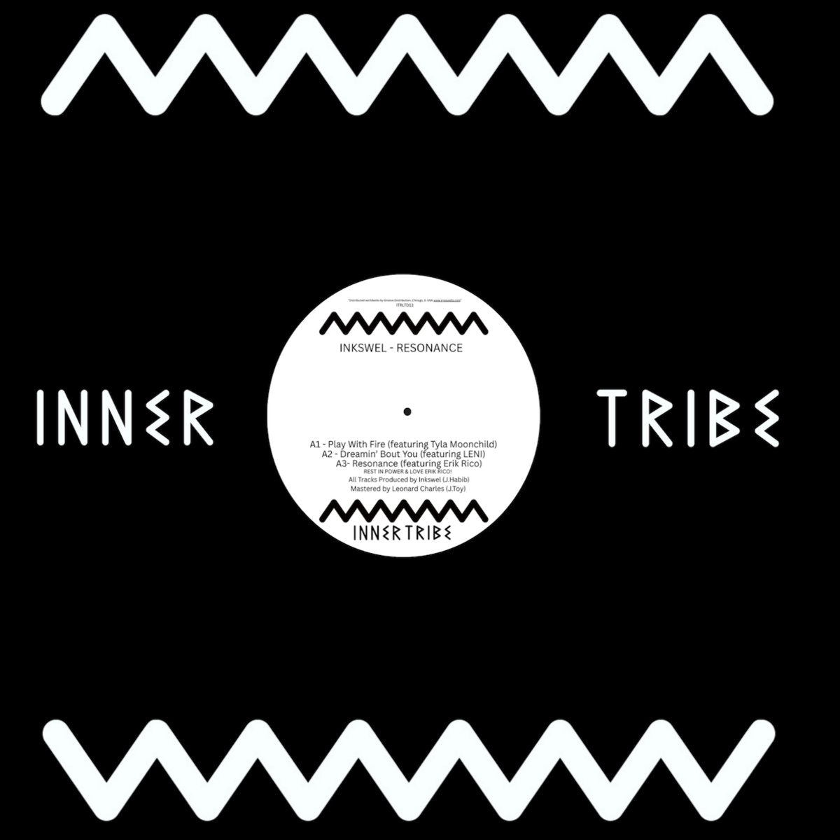 Portada del vinilo Inkswel – Resonance 12" en Inner Tribe Records, con diseño tribal negro y etiqueta central visible.