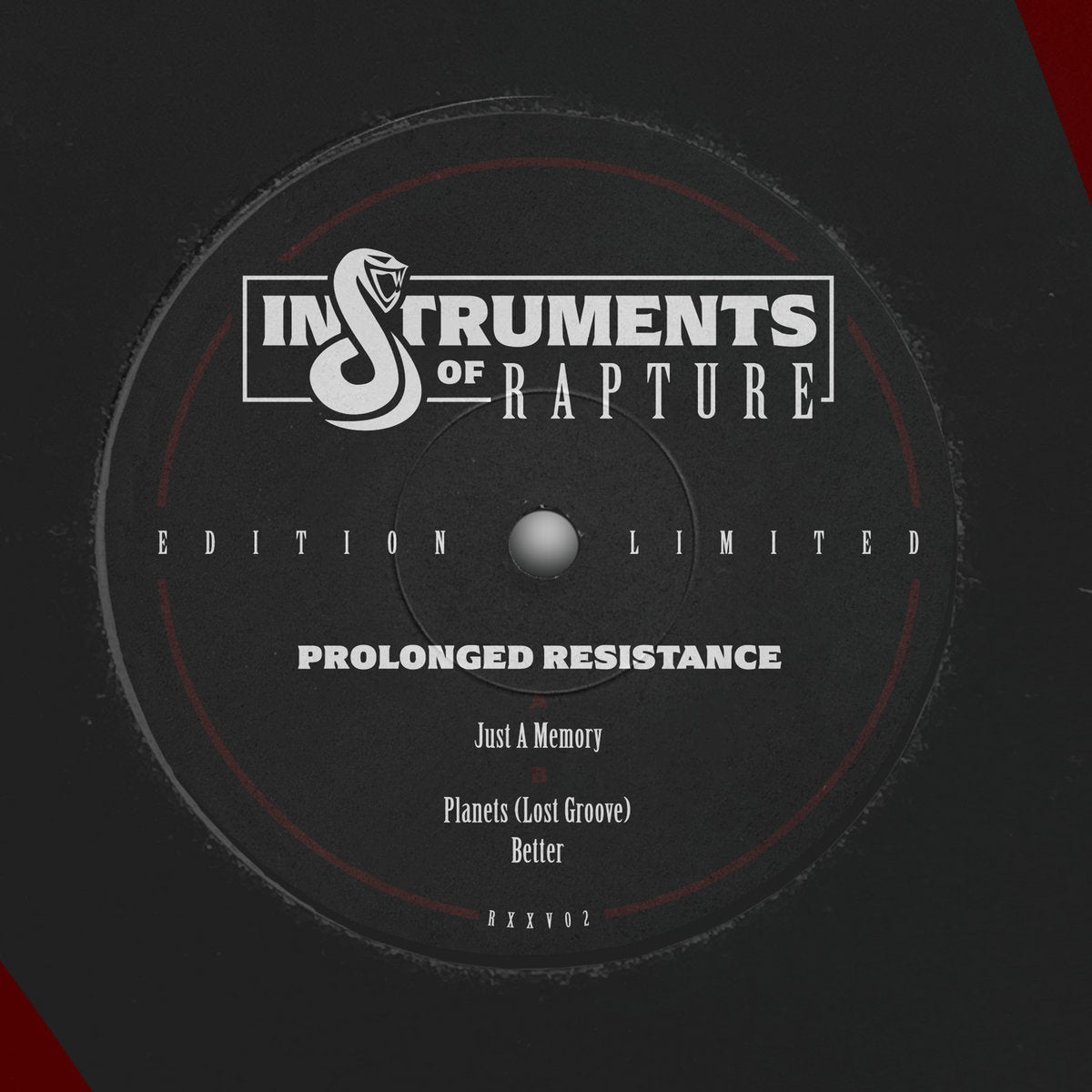 Etiqueta lado A del vinilo Instruments Of Rapture – Prolonged Resistance en 12", incluye lista de pistas y créditos en impresión blanca.