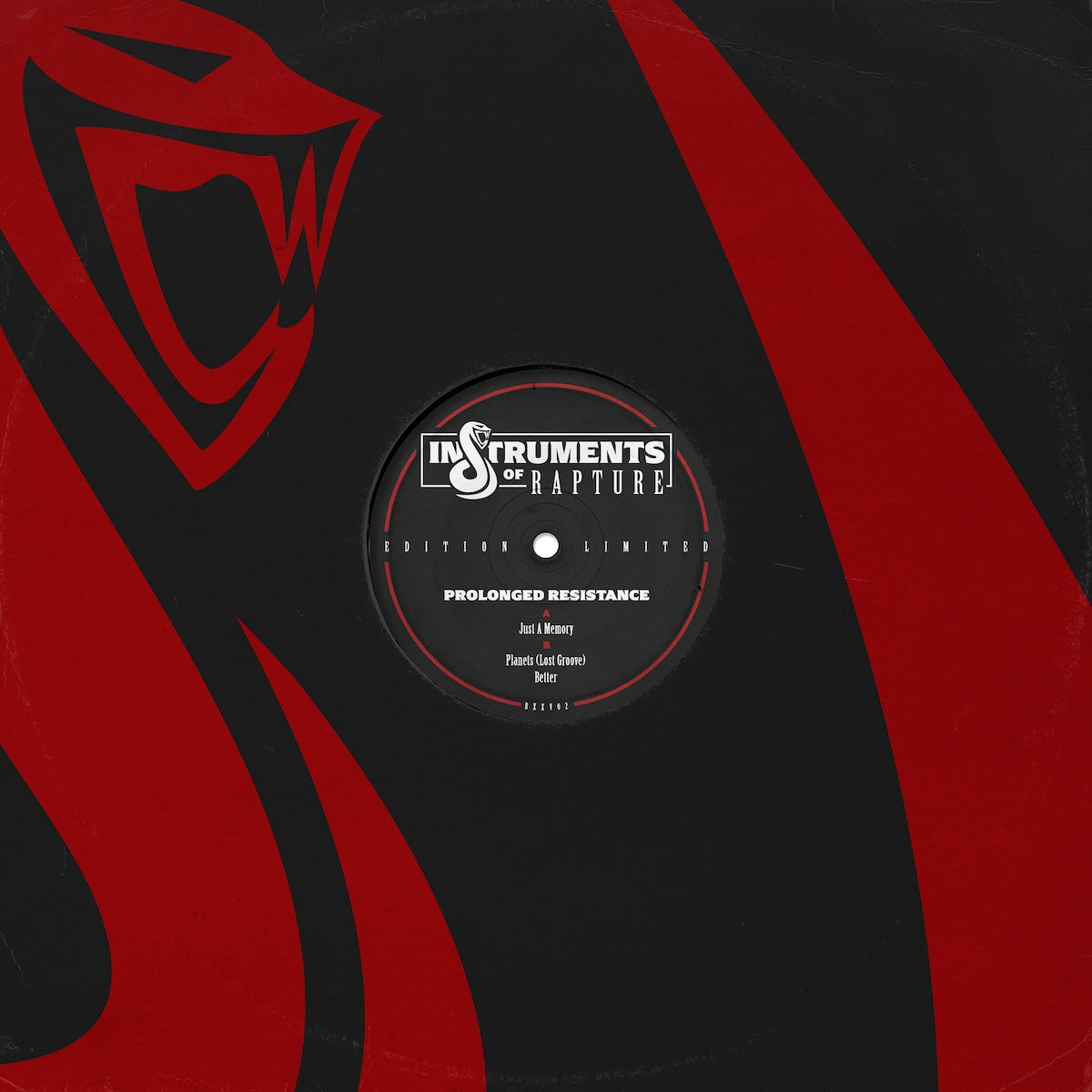 Etiqueta central del vinilo Instruments Of Rapture – Prolonged Resistance en 12", con logo del sello y títulos visibles.