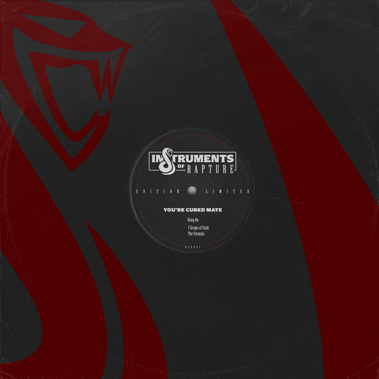Portada del vinilo Instruments Of Rapture – You're Cured Mate con diseño oscuro, arte en rojo y logo tipo serpiente del sello Instruments Of Rapture.