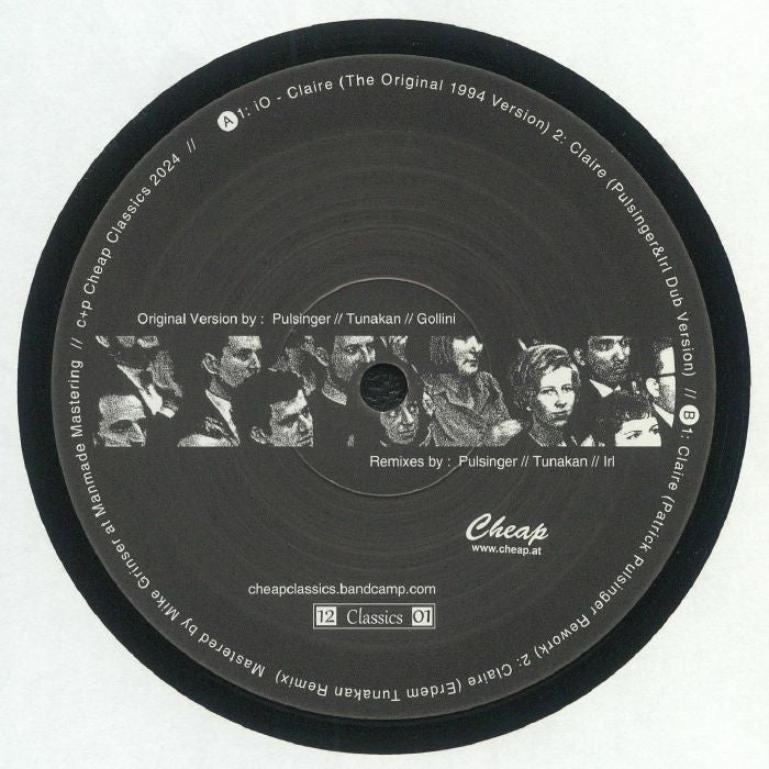 Contraportada del vinilo de iO - Claire, del sello Cheap Classics en formato 12". Muestra la lista de canciones y créditos de producción, junto con un diseño artístico en blanco y negro.