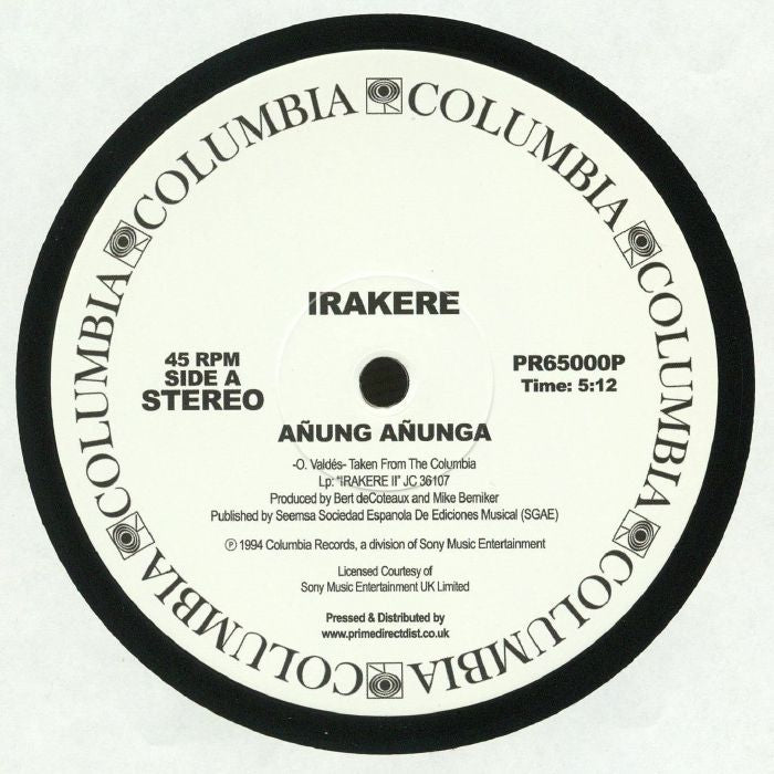 Portada delantera del vinilo de Irakere – Añung Añunga / Baila Mi Ritmo publicado por Columbia, formato 12" reedición. Se muestra el Lado A con el tema “Añung Añunga”, duración 5:12, con créditos a O. Valdés.