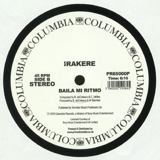 Portada trasera del vinilo de Irakere – Añung Añunga / Baila Mi Ritmo publicado por Columbia, formato 12" reedición. Se muestra el Lado B con “Baila Mi Ritmo”, duración 6:10, compuesta por B. deCoteaux y C. Valdés.