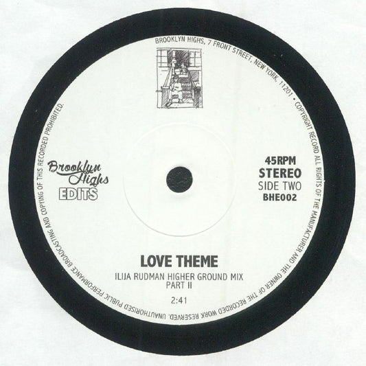 Portada trasera del vinilo de 7" de Isaac Hayes – Love Theme (Ilija Rudman Higher Ground Mixes) de Brooklyn Highs Edits. Incluye detalles del sello, créditos y lista de canciones.