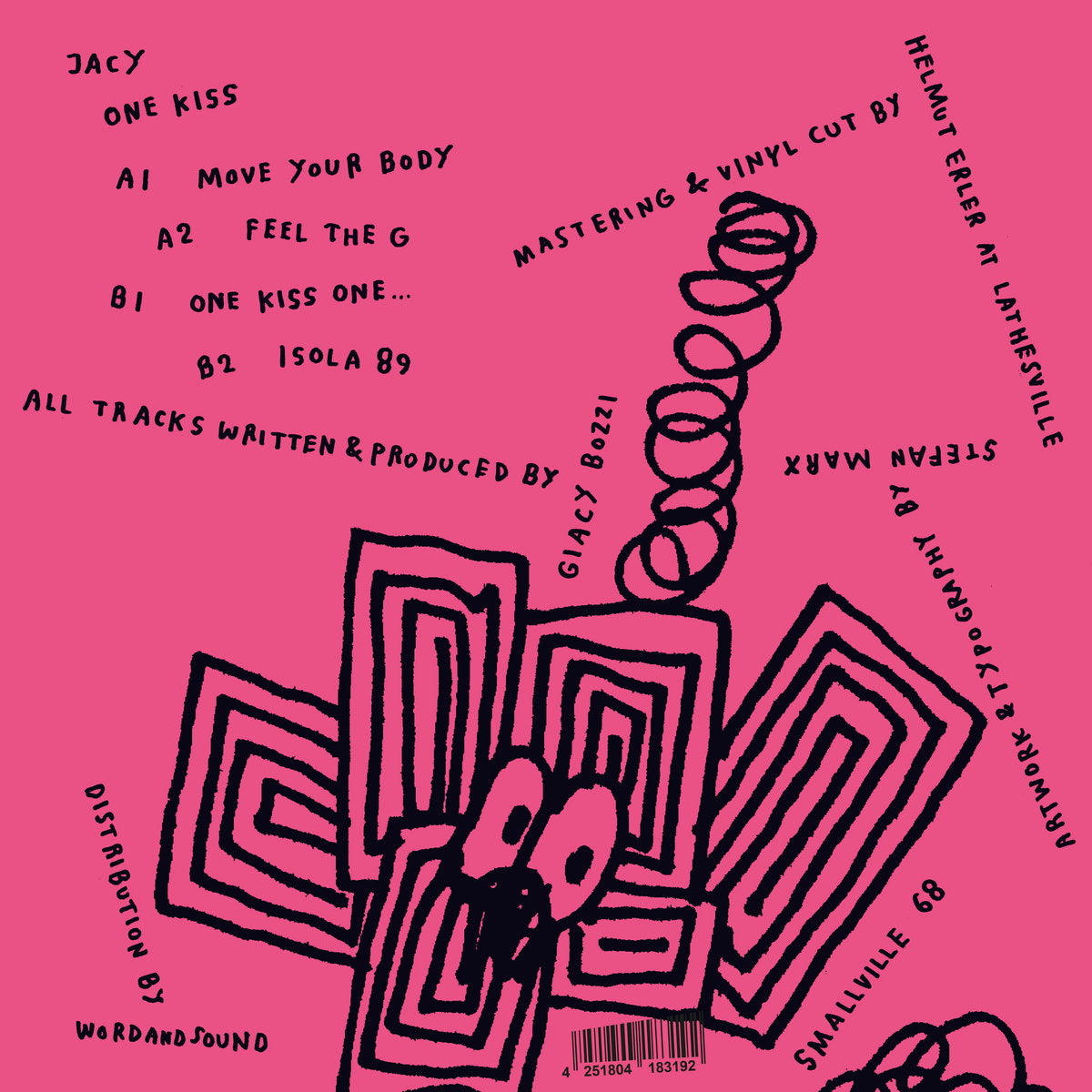 Portada trasera del vinilo Jacy – One Kiss de Smallville Records en 12", con créditos y lista de canciones.