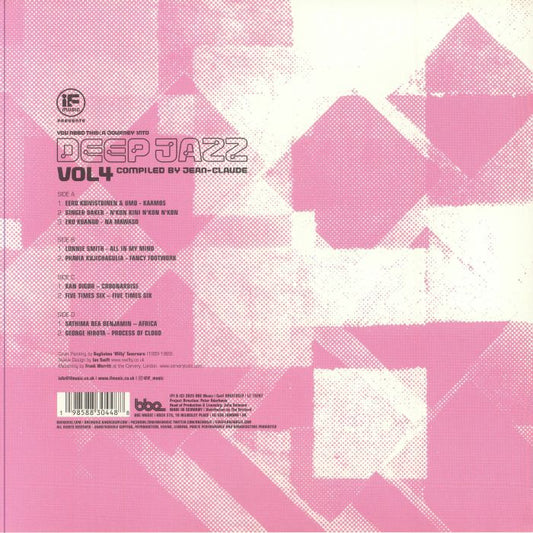 Contraportada del vinilo “If Music Presents You Need This: A Journey Into Deep Jazz Vol 4” compilado por Jean-Claude y editado por BBE en formato 2xLP Gatefold. Texto impreso: lista de canciones por lado, créditos de producción y datos del sello discográfico.