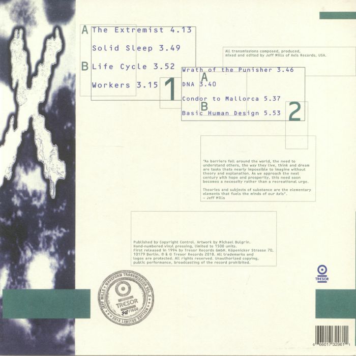 Portada trasera del vinilo Jeff Mills – Waveform Transmission Vol. 3, publicado por Tresor en 2xLP. Incluye lista de canciones, créditos y sello Tresor.