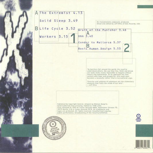 Portada trasera del vinilo Jeff Mills – Waveform Transmission Vol. 3, publicado por Tresor en 2xLP. Incluye lista de canciones, créditos y sello Tresor.