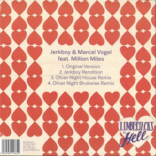 Contraportada del vinilo 12" Jerk Boy & Marcel Vogel feat. Million Miles – Real Love en Lumberjacks In Hell, con listado de 4 pistas y patrón de corazones rojos sobre fondo crema.