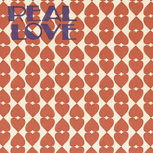 Portada del vinilo 12" Jerk Boy & Marcel Vogel feat. Million Miles – Real Love en Lumberjacks In Hell, con patrón retro de corazones rojos y título en letras moradas.