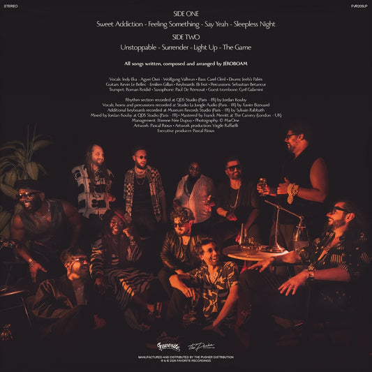 Contraportada del vinilo Jéroboam – Jeroboam con tracklist, créditos de músicos y foto grupal en ambiente oscuro.