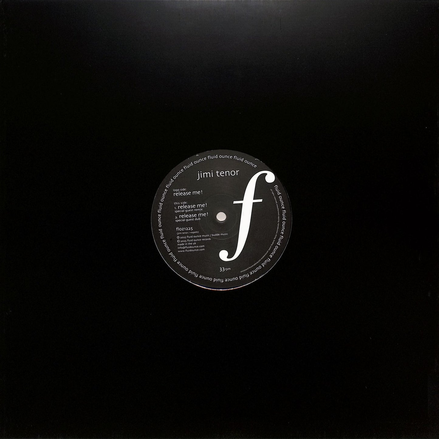 Contraportada del vinilo Jimi Tenor – Release Me! en 12" por Fluid Ounce, funda negra con orificio central que deja ver la etiqueta del lado B.