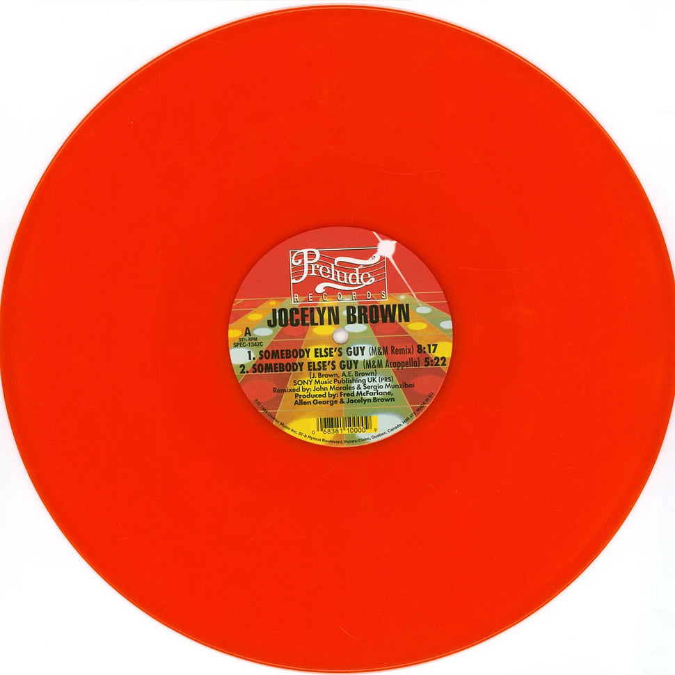 Vinilo naranja 12" edición limitada de Jocelyn Brown – Somebody Else's Guy, con etiqueta central del lado A mostrando remixes, créditos, catálogo y duración de las pistas.