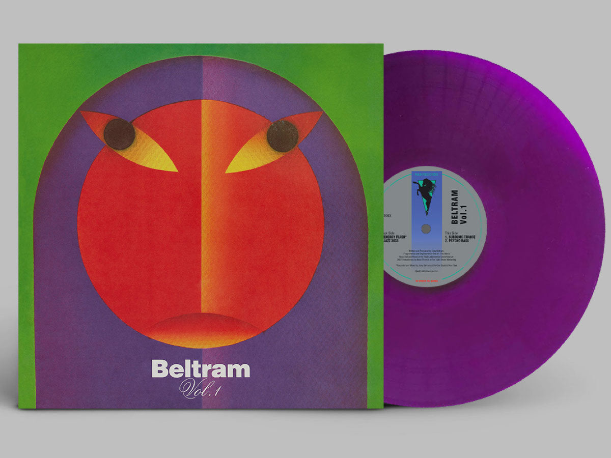 Portada y vinilo Joey Beltram – Beltram Vol. 1 en color morado, junto a la portada y con etiqueta central visible.