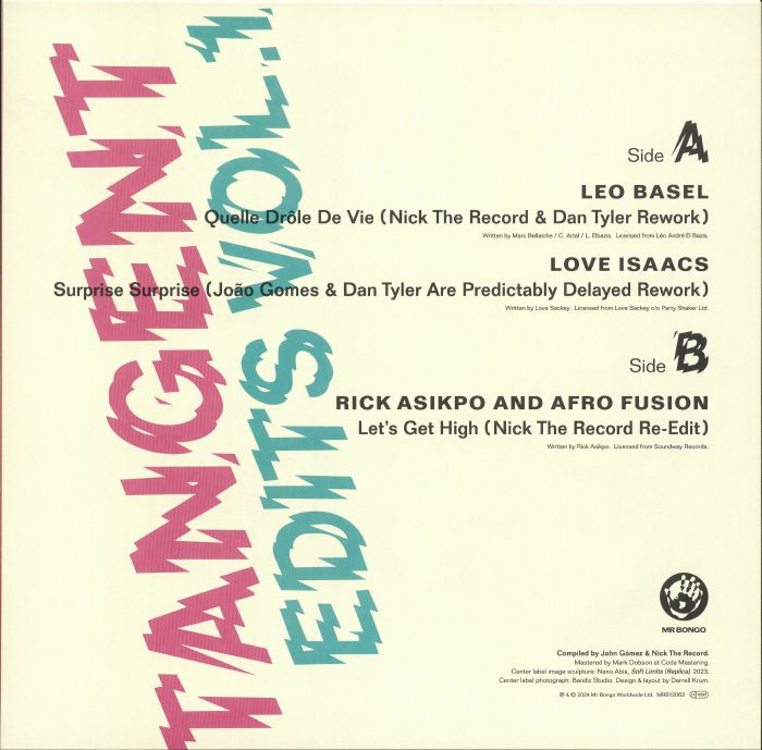 Portada trasera del vinilo John Gómez & Nick The Record – Tangent Edits Vol. 1 bajo el sello Mr Bongo. Incluye lista de canciones y créditos del lado A y B.
