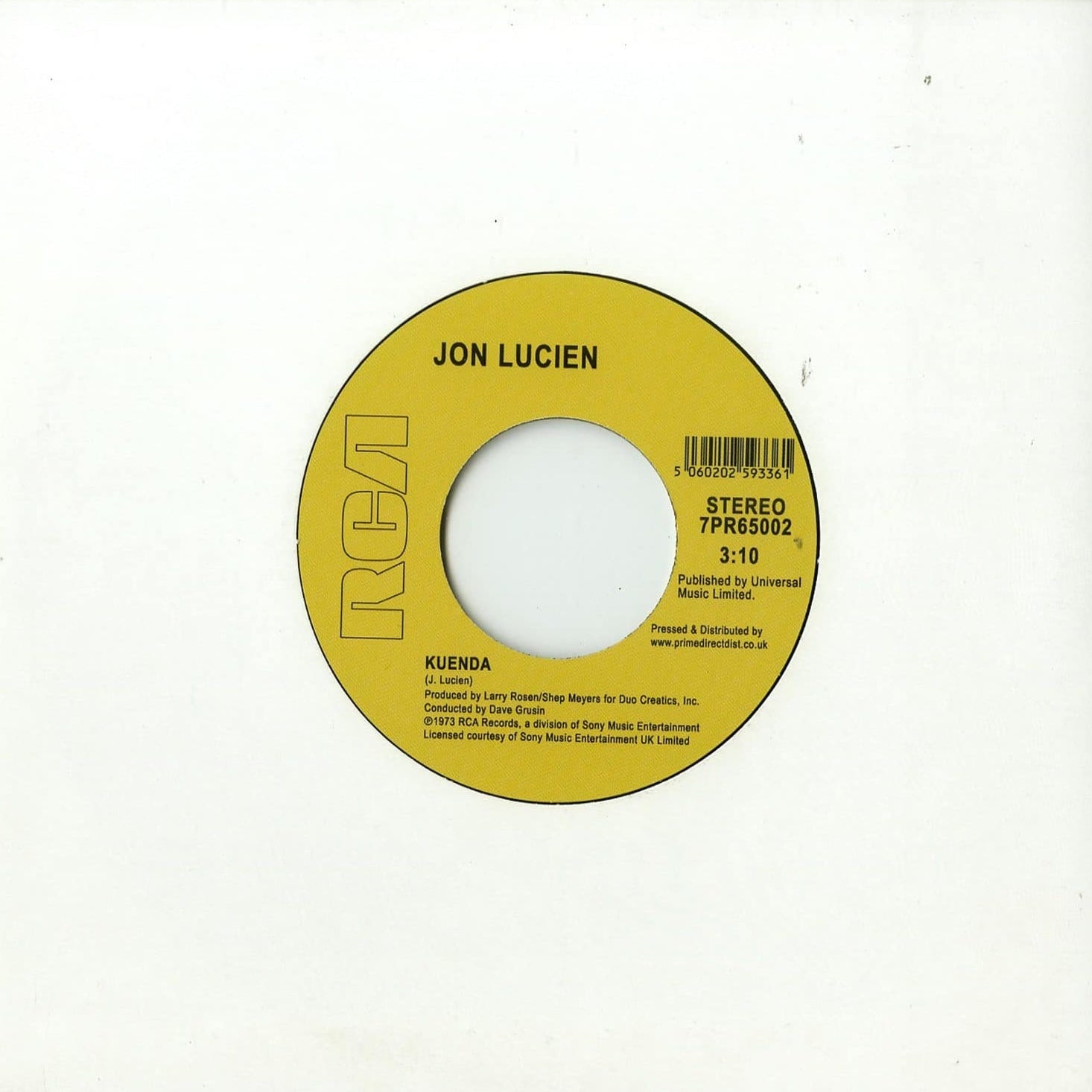 Contraportada del vinilo Jon Lucien – Would You Believe In Me / Kuenda en su funda blanca, destacando la etiqueta del lado B con duración, catálogo y arte clásico de RCA.