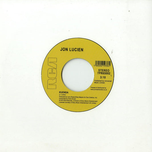 Contraportada del vinilo Jon Lucien – Would You Believe In Me / Kuenda en su funda blanca, destacando la etiqueta del lado B con duración, catálogo y arte clásico de RCA.