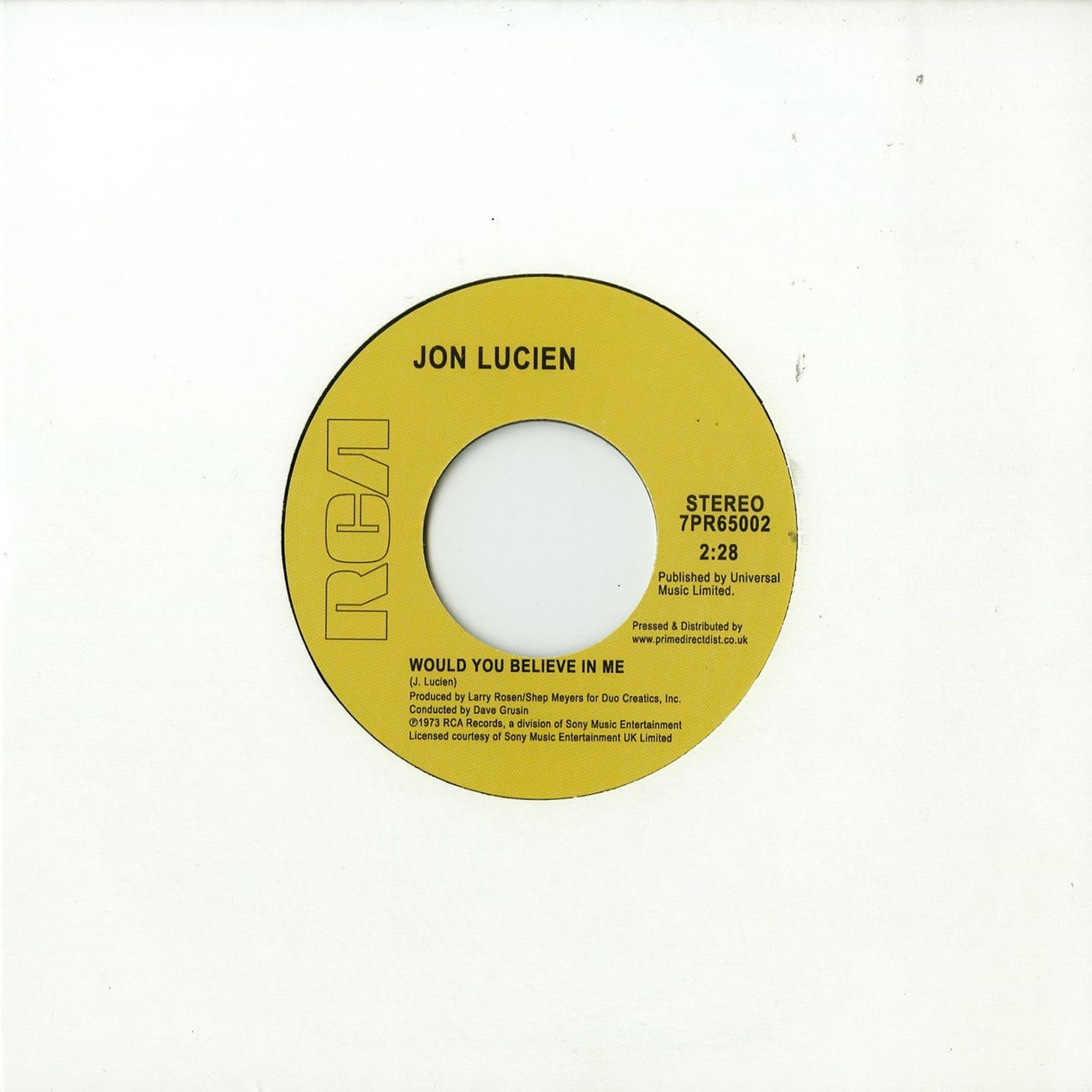 Portada del vinilo Jon Lucien – Would You Believe In Me / Kuenda en su funda blanca original; se aprecia la etiqueta del lado A con detalles como créditos y duración.