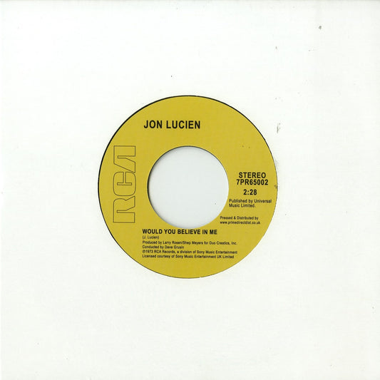 Portada del vinilo Jon Lucien – Would You Believe In Me / Kuenda en su funda blanca original; se aprecia la etiqueta del lado A con detalles como créditos y duración.