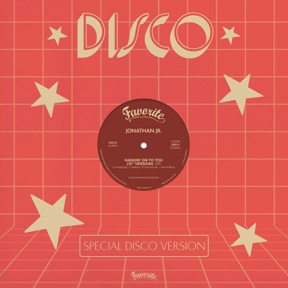 Portada delantera del vinilo de Jonathan Jr. / Special Occasion – Hangin’ On To You / Flyin’ To Santa Barbara publicado por Favorite Recordings. Diseño retro en rojo con estrellas y el texto “Special Disco Version”.